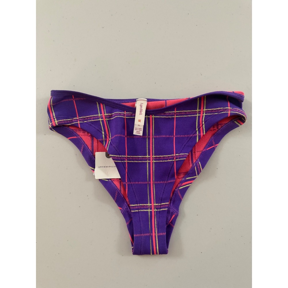 Anthropologie LyreBird Purple Pink Plaid Ribbed Bikini Bottom XXS XS NEW